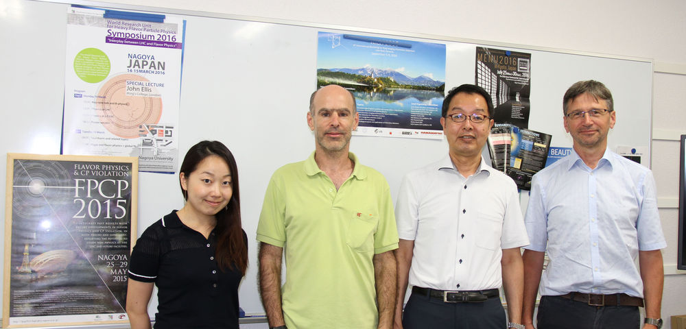 A picture at the interview. From the right, Prof. Peter Krizan, Prof. Toru Iijima, Prof. Abner Soffer, and Ms. Kaori Yonemura, a secretary of Prof. Toru Iijima.