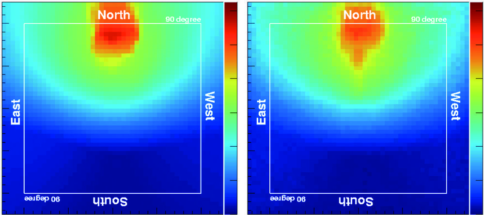 Figure 3. Cosmic ray images of the north face of the Khufu Pyramid from the Descending Corridor by (a) simulation, and from (b) measurement data.