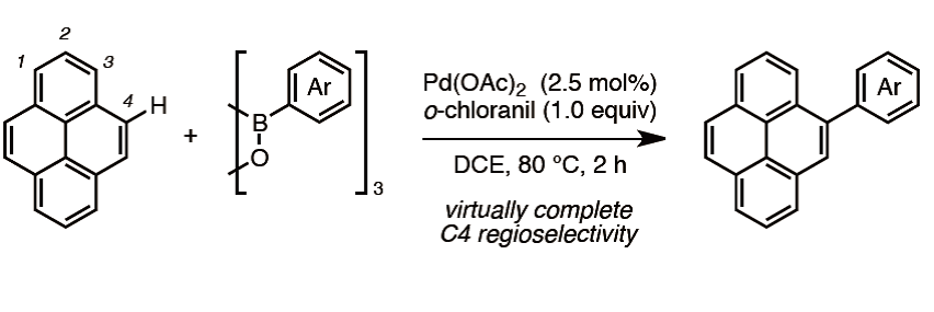 Fig. 2:C-H/C-B cross-coupling between pyrene (one of PAHs) and arylboroxin. Red circle shows the binding position of pyrene.