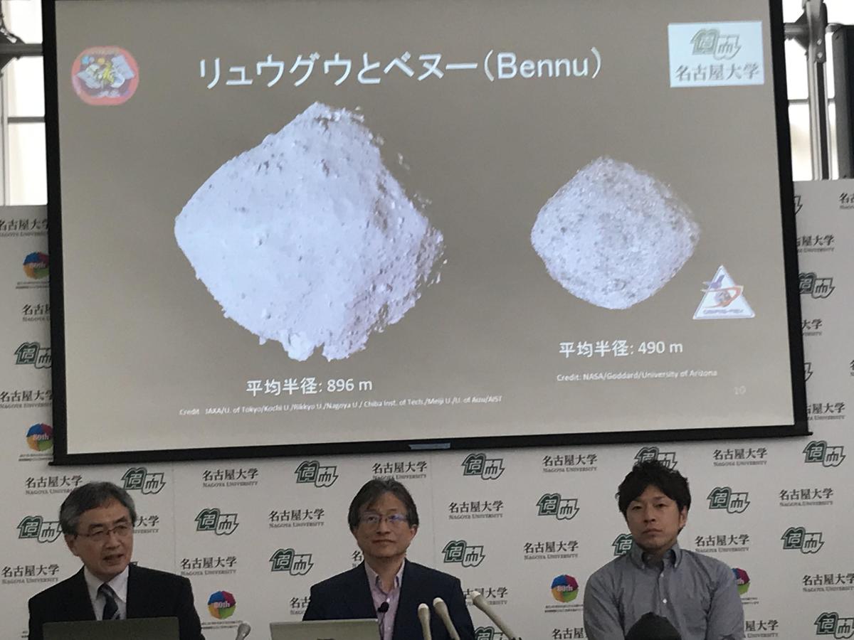 The asteroids Ryugu (Left on the screen) and Bennu, shown at the press conference. Ryugu is shaped like a bead of a traditional Japanese abacus.