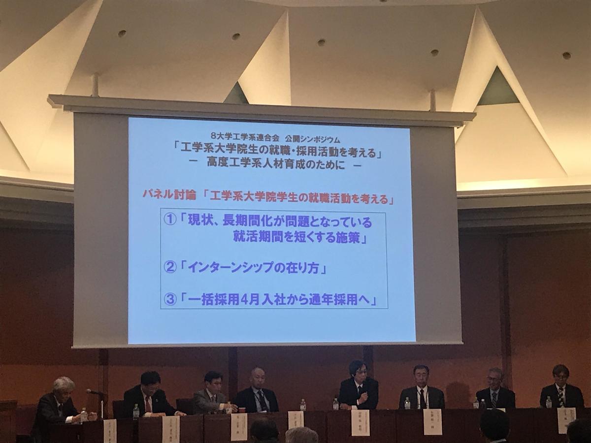 "Rethinking the employment and recruitment of postgraduate engineering students" symposium. Industry representatives joined academics for a panel discussion (December 18, 2018, the University of Tokyo)