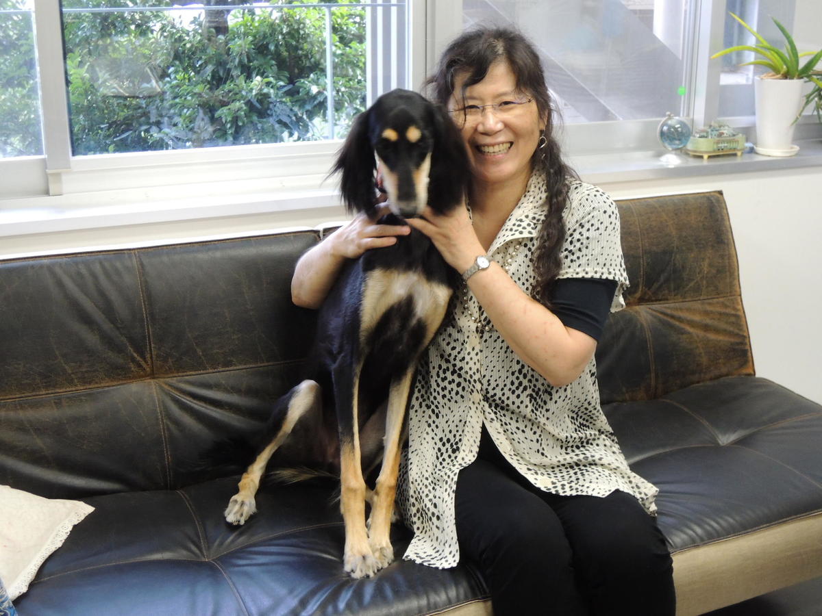 Prof. Ikue Mori and her dog Alicia