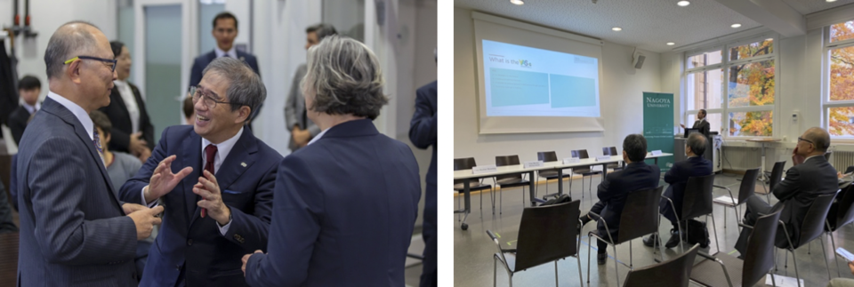 Left: President Sugiyama and Rector Krieglstein meet Director Hayashi of the JSPS Bonn Office;
Right: Dr. Michael Vollstädt presents the Young Academy for Sustainability Research (YAS).
(Photos: Jürgen Gocke, Roland Berkemeier)