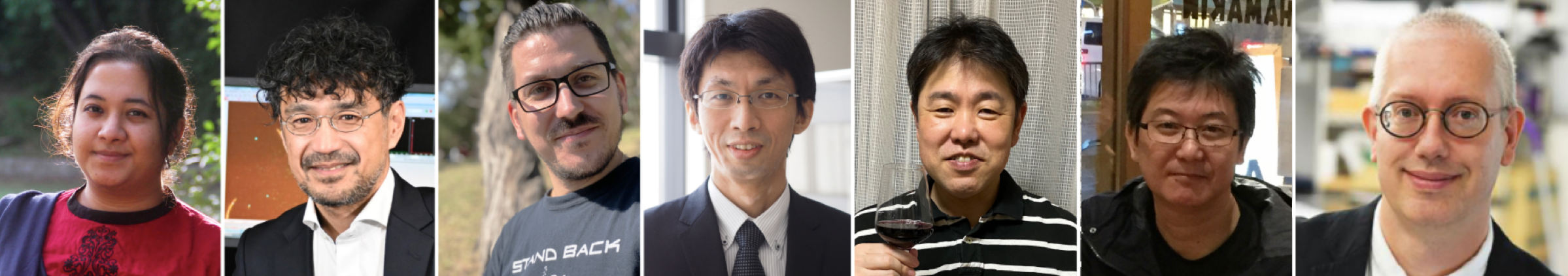 From the left: Syeda Rubaiya Nasrin and Akira Kakugo, Hokkaido University; Christian Ganser, National Institutes of Natural Sciences; Takefumi Yamashita, RCAST, The University of Tokyo; Mitsunori Ikeguchi, Yokohama City University; Takayuki Uchihashi, Nagoya University; and Henry Hess, Columbia University.
(Photos: Syeda Rubaiya Nasrin, Akira Kakugo, Christian Ganser, Takefumi Yamashita, Mitsunori Ikeguchi, Takayuki Uchihashi, Henry Hess).