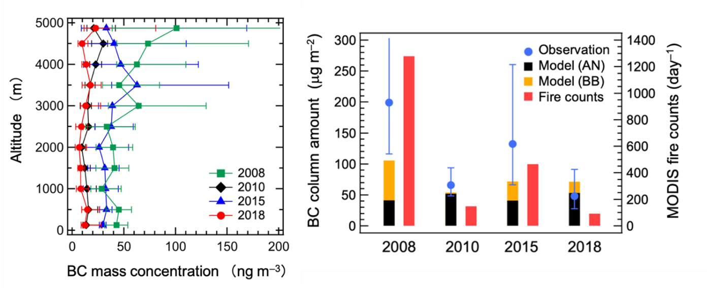 Fig. 1.(Left) Vertical profile of black carbon (BC) mass concentrations (median and 25-75 percentile ranges) observed during aircraft-based observations made over the Arctic (&gt;66.5°N) in spring of various years. (Right) Column amounts of BC mass concentration at altitudes between 0 and 5 km. Observations (blue circles) and numerical model simulations (average over the Arctic) for anthropogenic BC (black vertical bars) and biomass burning BC (yellow vertical bars) are shown. This simulation was made by the Meteorological Research Institute Earth System Model version 2.0 (MRI-ESM2). MODIS-derived average fire counts are also shown (red vertical bars). The fire counts were calculated for the time period between 14 days before the first day of the aircraft observation and the last day of the observation. (Credit: Sho Ohata)