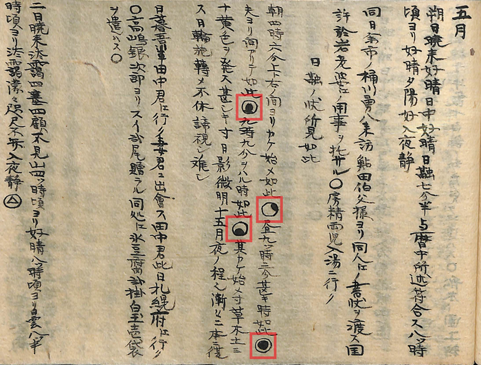 Sketches of eclipses (red square) in Hokkaido were found in a local intellectual's diary back in 1872.The sketches and descriptions are consistent with researchers' astronomical calculations.
(Ⓒthe Board of Education at Tobetsu)