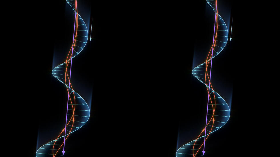 Whistler-mode wave magnetic field (blue arrows with spiral) propagating along the magnetic field (purple) interacting with electrons (red) passing through it
(Credit: University of Tokyo)