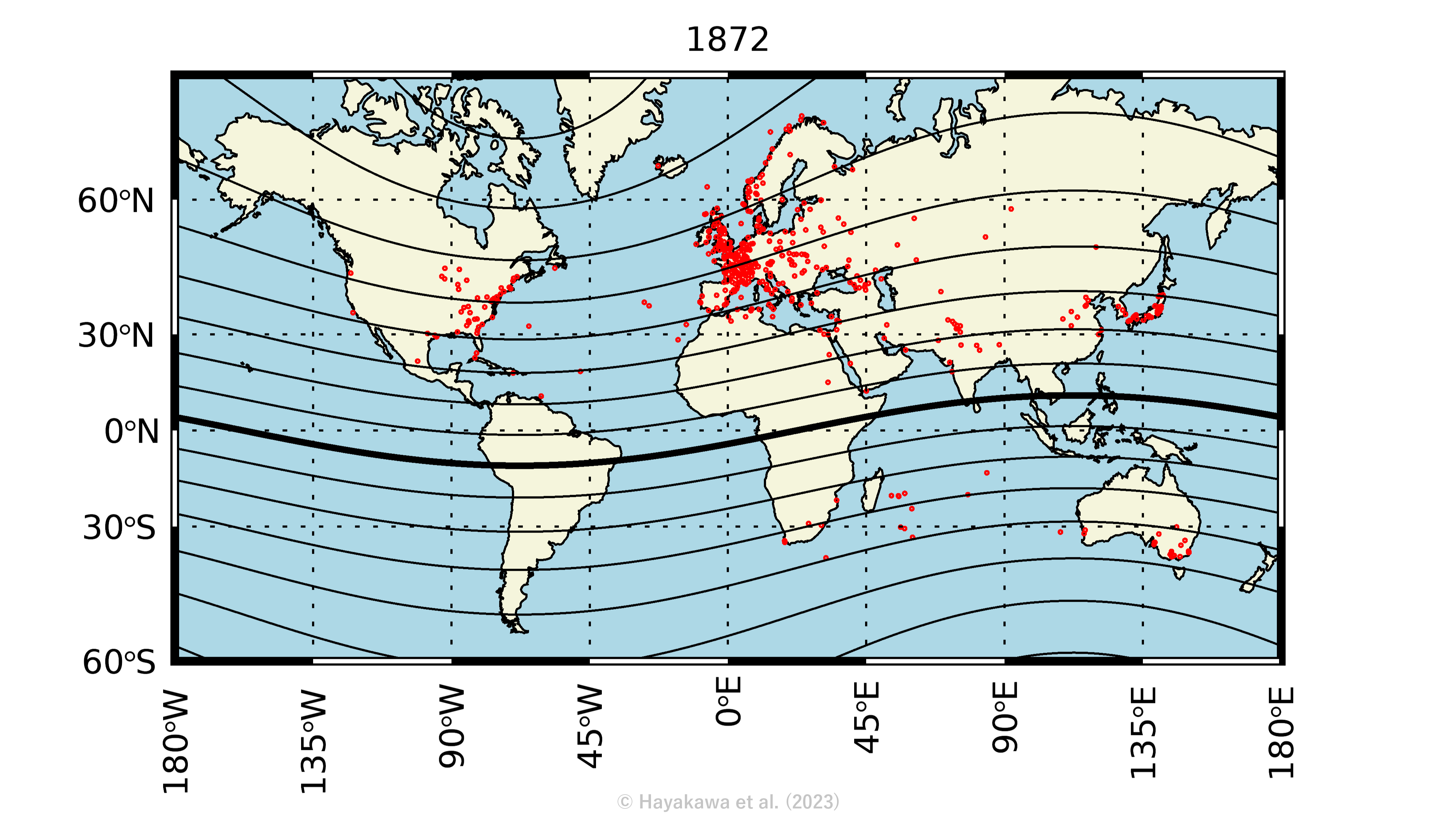 A geographical summary of the auroral visibility on 4 February 1872