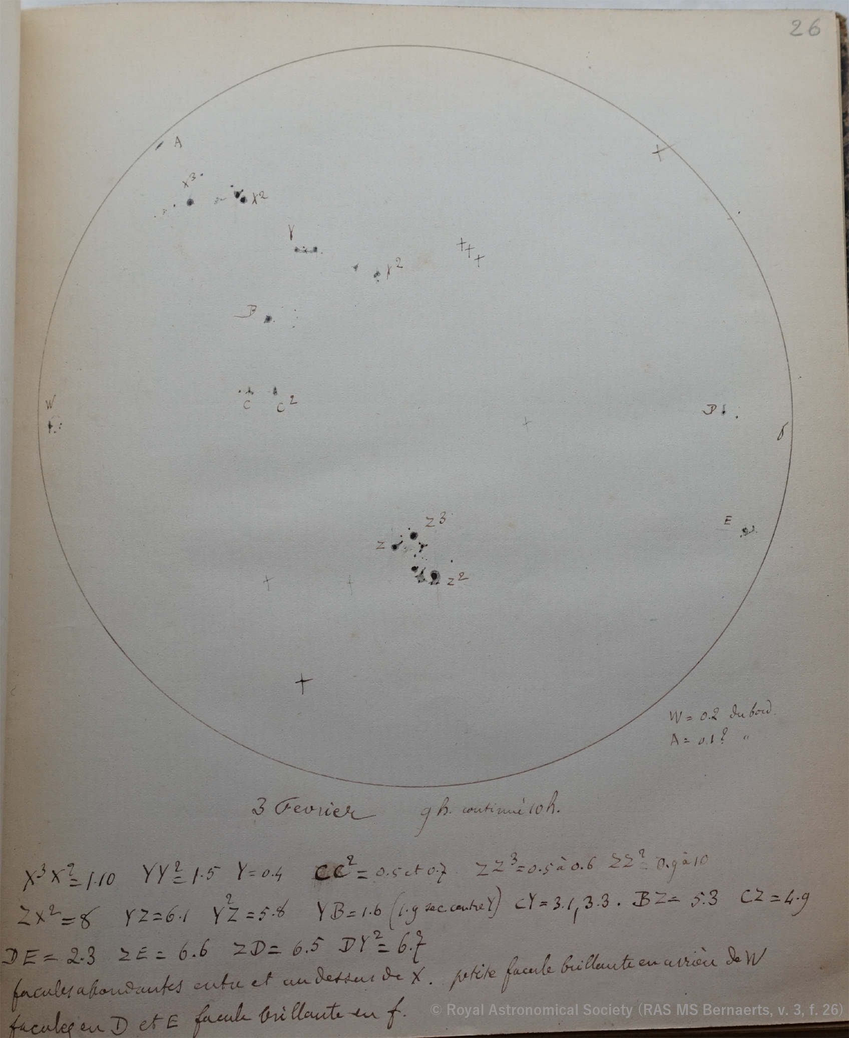 A Belgian sunspot drawing showing solar surface on 3 February 1872
(RAS MS Bernaerts, v. 3, f. 26; courtesy of the Royal Astronomical Society)