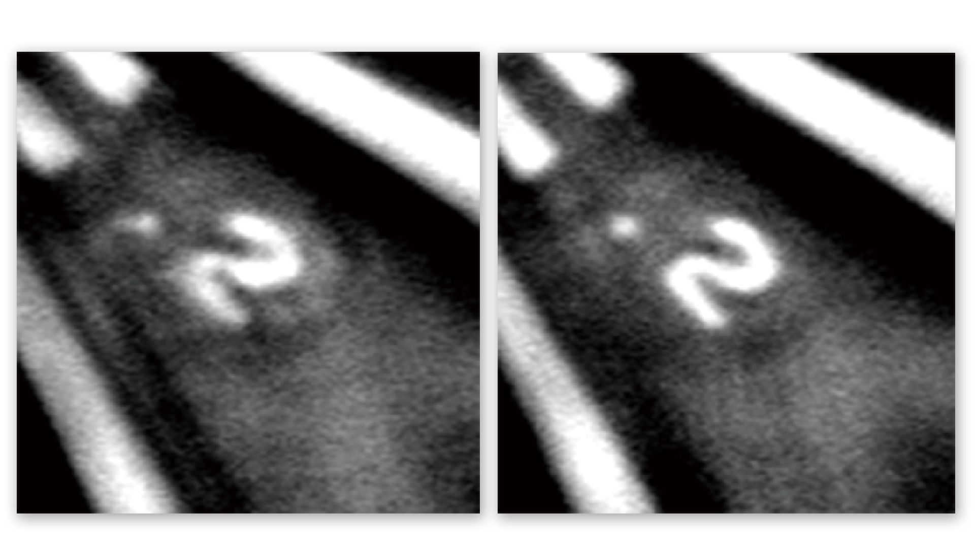 X-ray microscopic images showing the higher resolution using the new deformable mirror. The left and right were obtained before and after shape correction, respectively.
(Credit: Matsuyama lab, Nagoya University)