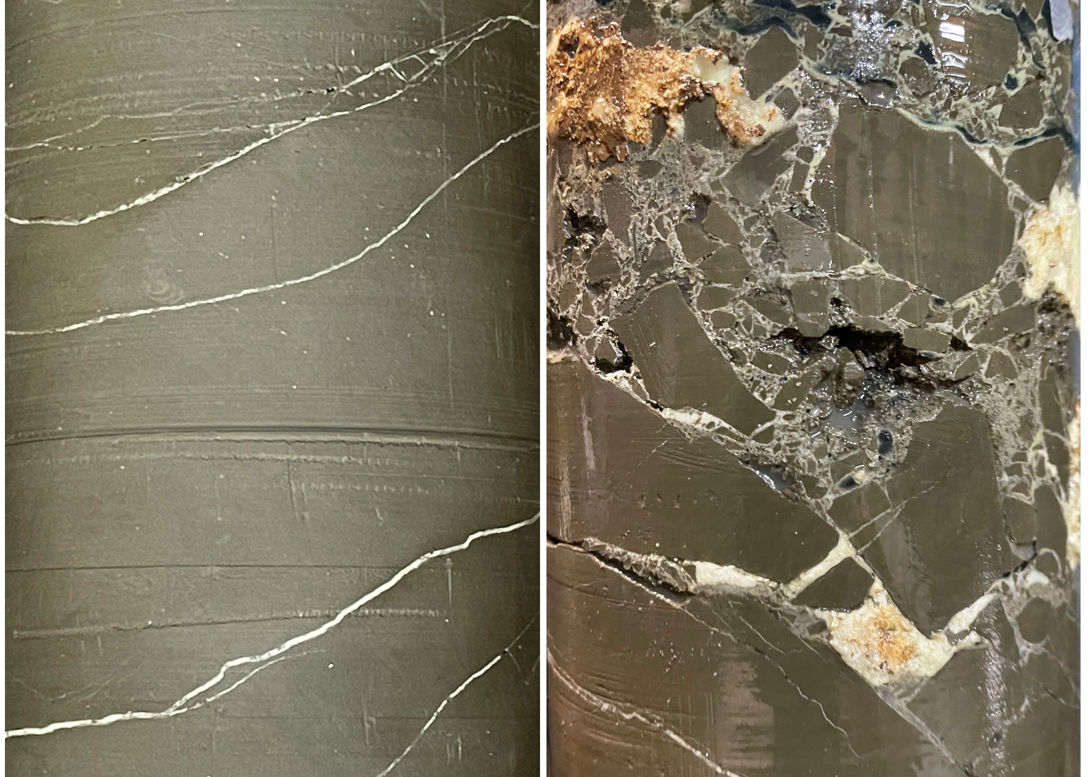 Flow-path fractures in rock sealed by calcite, promoted by the researchers' ‘concretion-forming resin’.
(Credit: Hidekazu Yoshida)