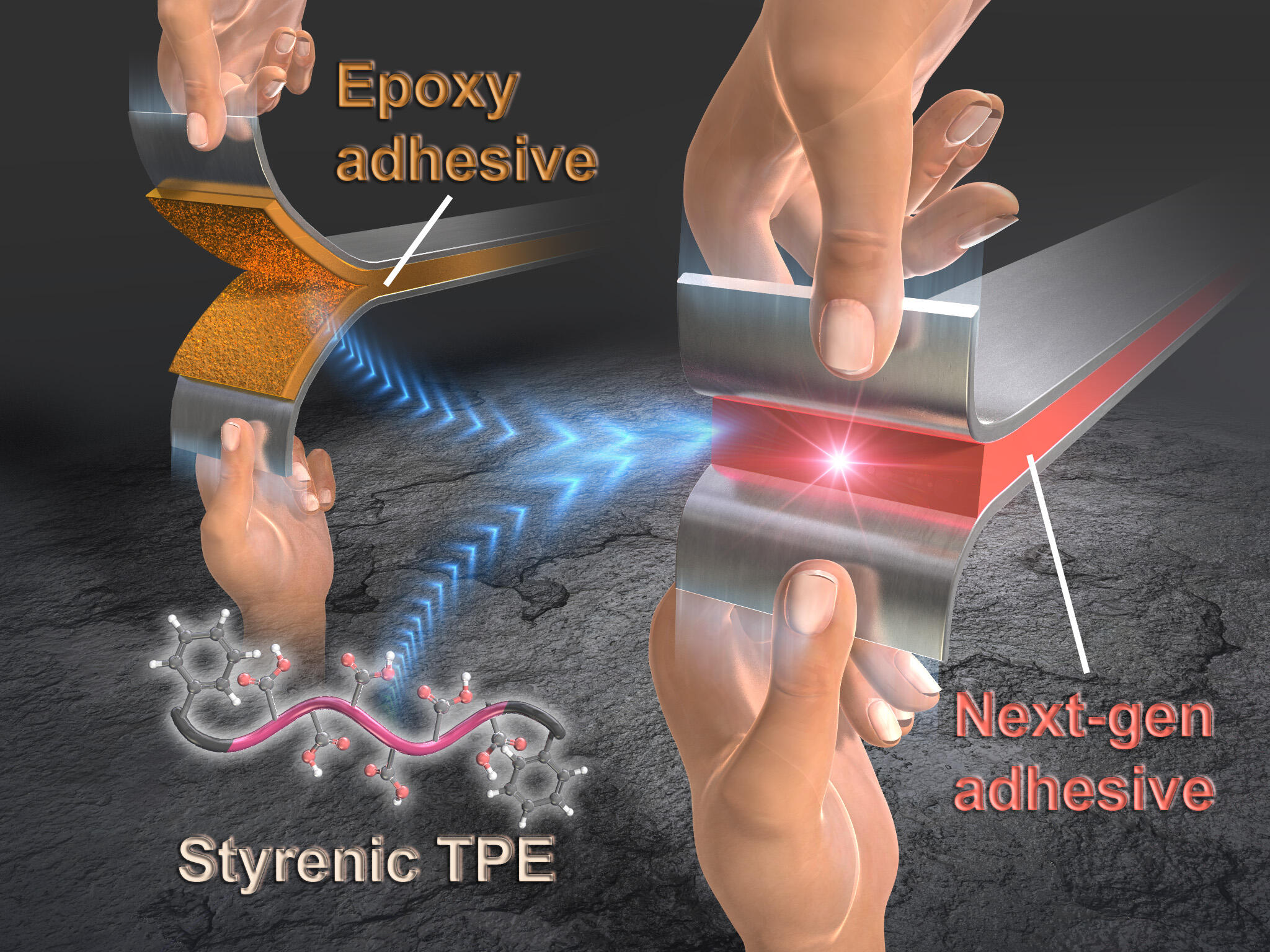 A new adhesive that incorporates a hydrogen-bonded styrenic thermoplastic elastomer (TPE) has an impact strength that is 22 times greater than traditional epoxy-based adhesives.
(Credit: Atsushi Noro)