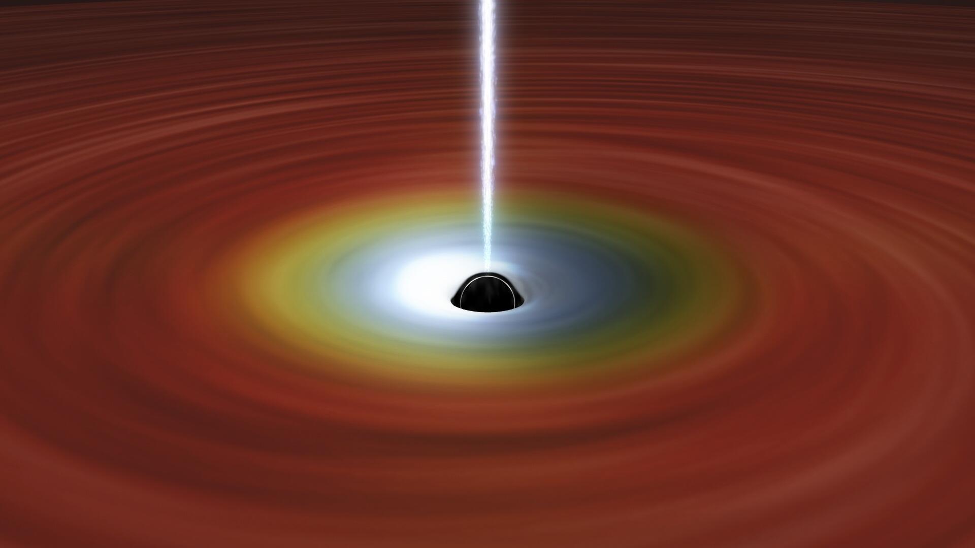 Formation and eruption of a plasma jet. The inner edge of the gas disk rapidly shrinks towards the innermost stable circular orbit (ISCO) near the stellar black hole, triggering the eruption of a plasma jet. The jet continues to erupt until the inner edge stops moving, at which point the jet ceases. Credit: T. Kawaguchi (University of Toyama) & K. Yamaoka (Nagoya University).