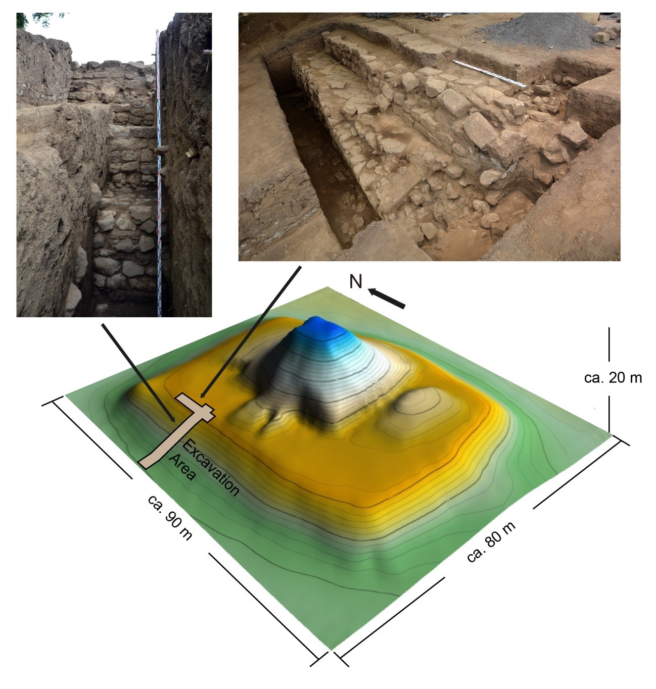 Caption: Topographic map of the Structure-5 of San Andrés site showing the excavation area with pictures of masonry architecture under the earthen architecture. (c) Akira Ichikawa and Juan Manuel Guerra