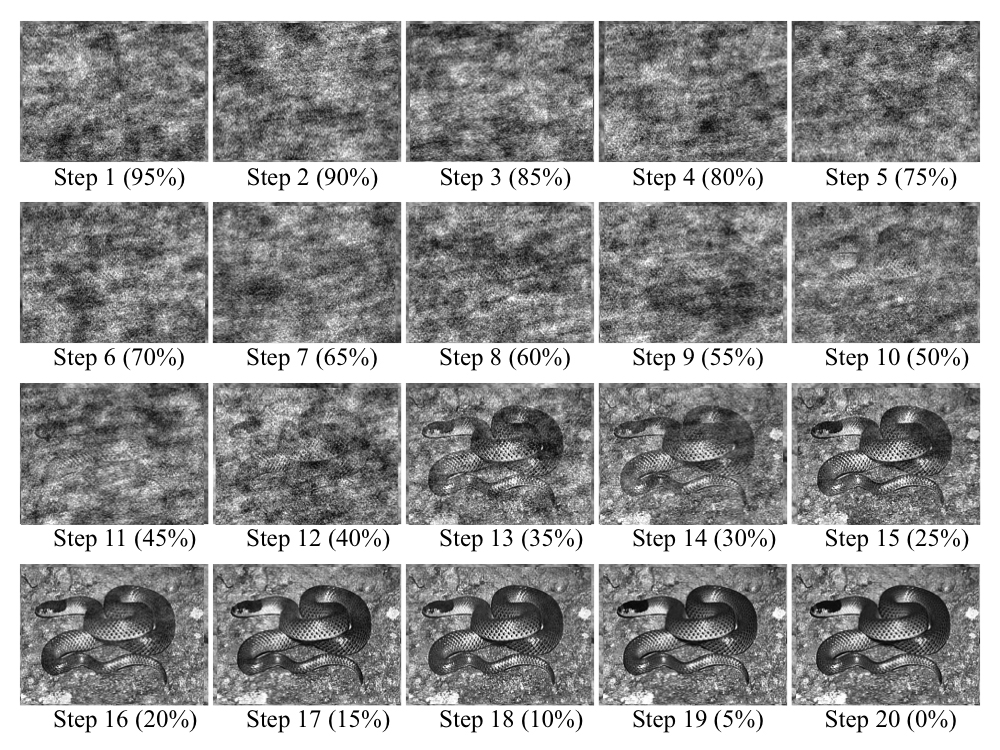 Caption: Examples of a Random Image Structure Evolution (RISE) sequence for snake pictures. Participants looked at a sequence of 20 pictures with interpolation ration starting from 95% to 0% with steps of 5%. RISE sequence gradually changes from unorganized to well discernible. (c) Nobuyuki Kawai