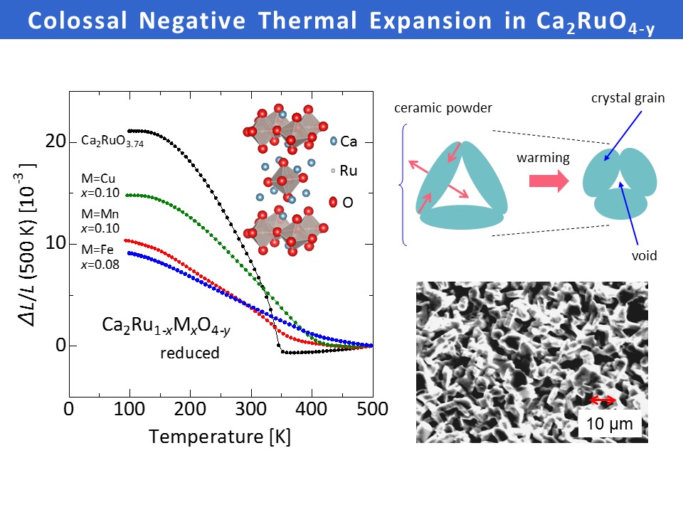Figure: A layered ruthenate Ca2RuO4-y ceramic body contracts on heating, or exhibits *negative* thermal expansion (NTE). The sintered-body structure shows colossal NTE when extremely anisotropic thermal expansion of the crystal grains produces deformation, consuming open spaces (voids) on heating. The total volume change related to NTE reaches 6.7% at most, the largest reported so far. &copy; 2017 Koshi Takenaka