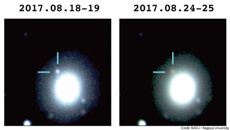 Three-color false-color composite images showing the time evolution of the optical and near-infrared counterpart of GW170817 made using data from the Subaru Telescope (z-band, blue) and IRSF (H-band, green; Ks-band, red).