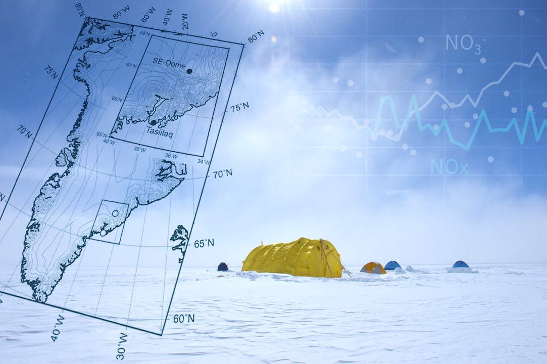 The camp at Southeastern Greenland Dome for drilling the ice core and its location shown on the map (Collage provided by Shohei Hattori, Tokyo Institute of Technology)