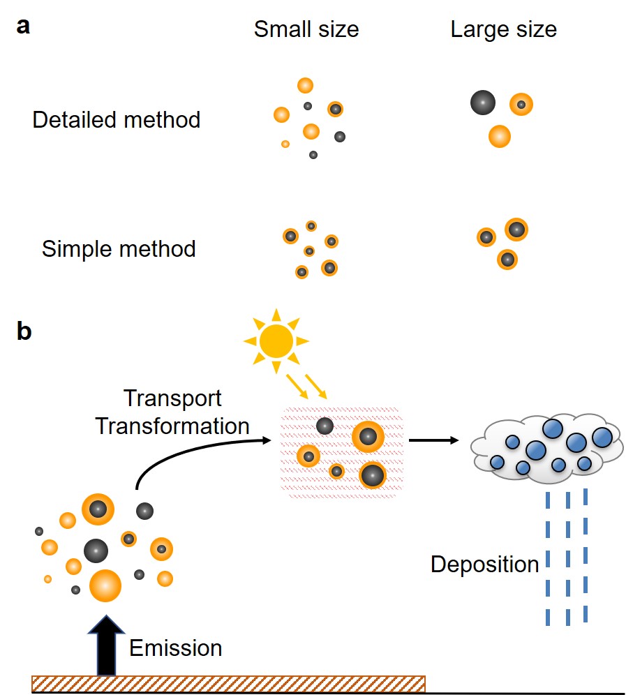 Fig 2. A schematic figure showing the treatment of particle size and coating amount in model simulations (panel a) and aerosol processes treated in the global aerosol model (panel b).