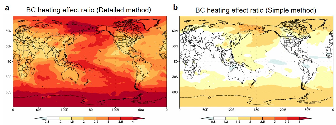 Fig 4. Ratio of BC heating effect between the two simulations with the smallest and largest particle sizes at emissions.