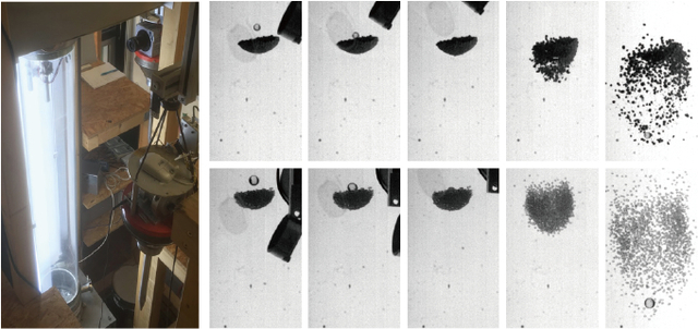 Fig. 1. (Left) Picture of the laboratory drop tower developed by the Blum group at TU Braunschweig. (Right) Impact-induced expansion of granular clusters. The upper and lower rows show dust-agglomerate (fragile) clusters and glass-bead (rigid) clusters, respectively. In each row, the temporal sequence goes from left to right.