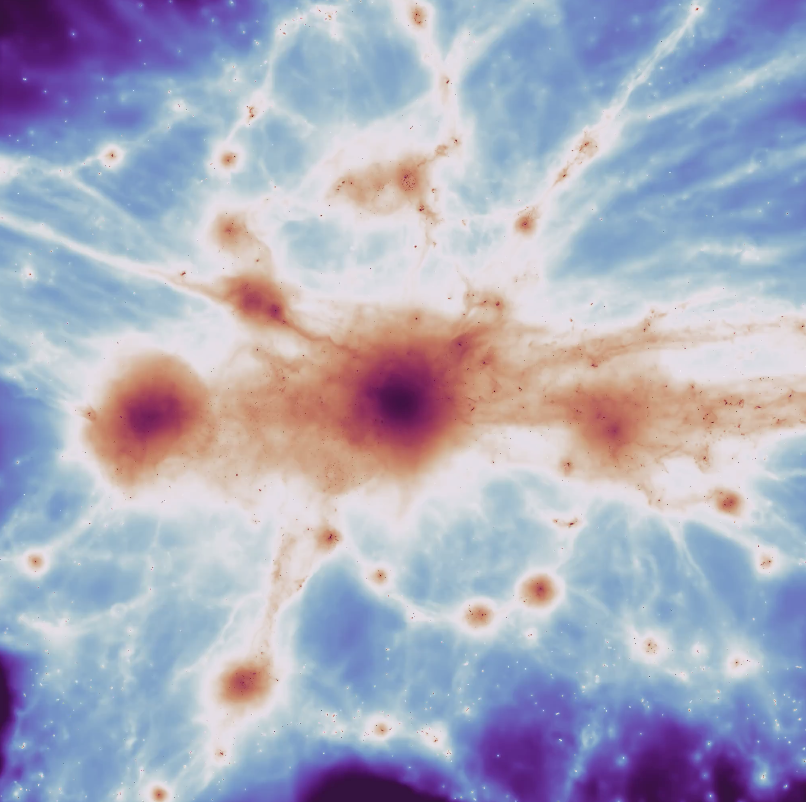 Figure 2: Frame from a movie of a massive galaxy cluster from the C-EAGLE simulation, providing a view of a region comparable to the one where the filaments have been detected. The color map represents the same emission from thegas filaments as the one detected in observations. At the convergence of thesefilaments, a massive cluster of galaxy is assembling. Credit: Joshua Borrow using C-EAGLE
