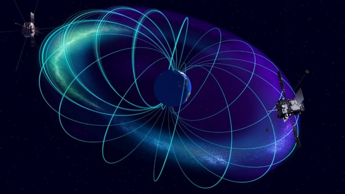 Image: Multi-point satellite observations by JAXA/Arase and NASA/Van Allen Probes Electrons detected at Van Allen Probes position (left) drift to the Arase position (right) Credit: ERG Science Team