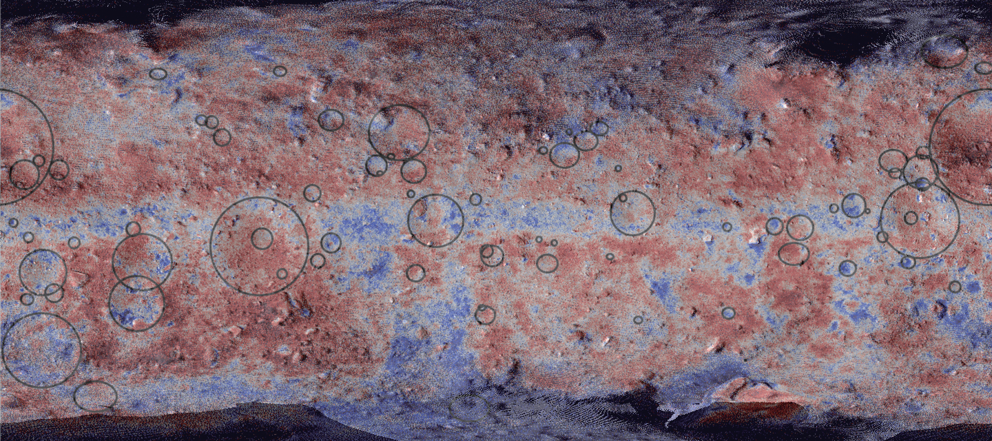 The Surface of Ryugu. False color map of the surface of Ryugu with craters marked by circles &copy; 2020 Morota et al.