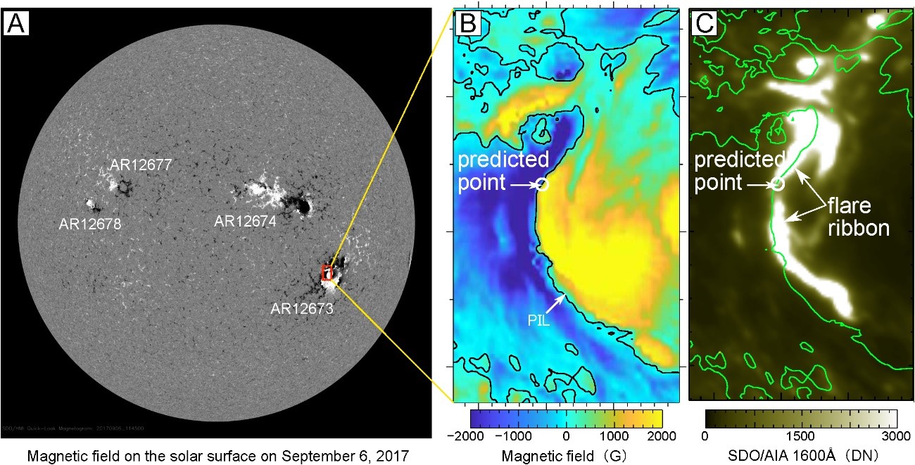 Figure 2: The magnetic field on the solar surface and the initial brightening of the largest solar flare (GOES class X9.3) during solar cycle 24 in NOAA Active Region (AR) 12673 on Sep. 6, 2017. This was observed by the Helioseismic and Magnetic Imager (HMI) and the Atmospheric Imaging Assembly (AIA) onboard the NASA's Solar Dynamics Observatory (SDO) satellite. **A:** The magnetic field on the solar surface before the onset of the large flare at 11:45 UT. White and black indicates the intensity of the magnetic field along the line of sight out of and toward the plane. **B:** An expanded view of the vertical magnetic field in AR 12673. A white circle indicates the location where a large flare was predicted by this study. The black contour shows the magnetic polarity inversion (PIL). **C:** Bright flare ribbon observed by SDO/AIA1600Å at 11:52 UT. Figures B and C are based on Fig.3 of the research paper by Kusano et al. (2020), published in Science. (Courtesy of NASA/SDO the AIA and HMI science teams)