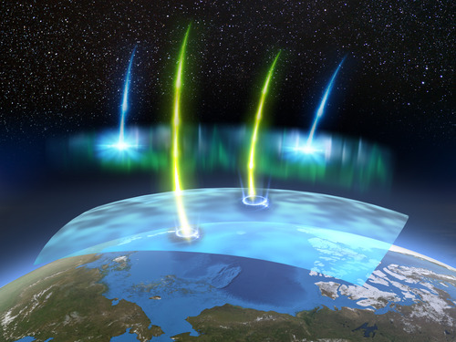 Low-energy (blue) and high-energy (yellow) electrons form during the process that generates the pulsating aurora. The high-energy 'relativistic' electrons could cause localized destruction of the ozone. (Credit: PsA project)