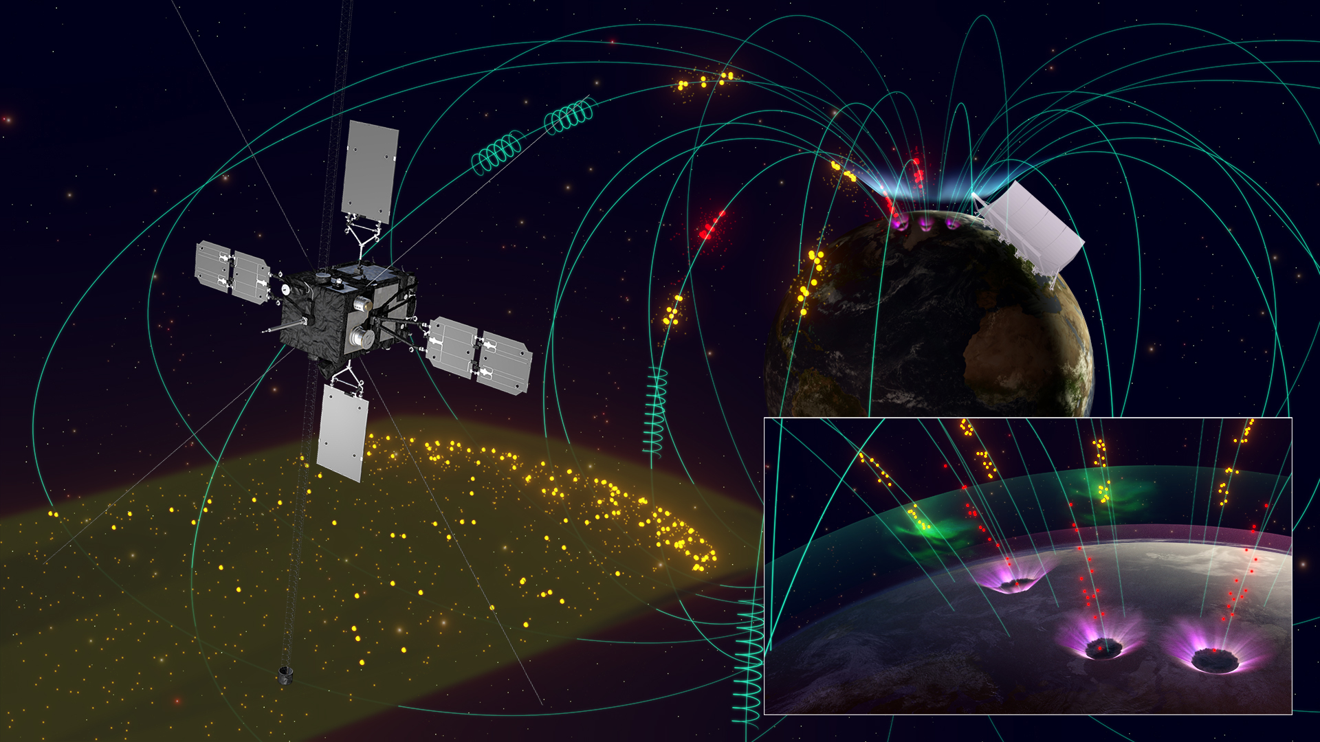 An overview of this research. In geospace, the Arase satellite observes chorus waves and energetic electrons, while on the ground, EISCAT and optical instruments observe pulsating aurorae and electron precipitation in the mesosphere. (Image credit: the ERG science team)
