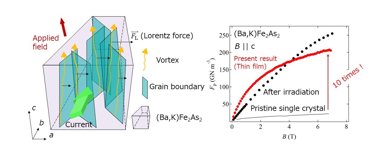 Schematic illustration of how vortices are pinned by low-angle grain boundaries in a (Ba,K)Fe2As2 superconductor. The pinning force density Fp of (Ba,K)Fe2As2 thin film fabricated in this study is almost 10 times as high as a pristine single crystal. (Credit: Kazumasa Iida)