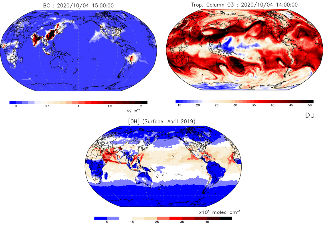 A global simulation of climate forcing agents as shown by the chemistry-climate model CHASER (MIRO): Black carbon on the Earth's surface (upper left), tropospheric column ozone (upper right), and OH radical concentrations on the Earth's surface (bottom)