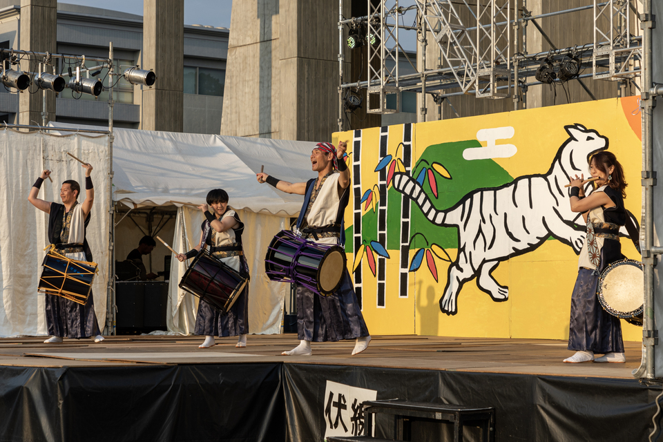 Drummers on stage accompanying the bon-odori dance