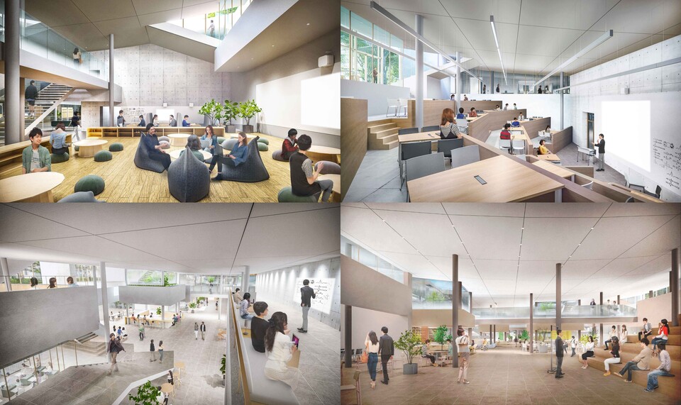 Renderings of the interior of ComoNe, which show the different event and working areas.