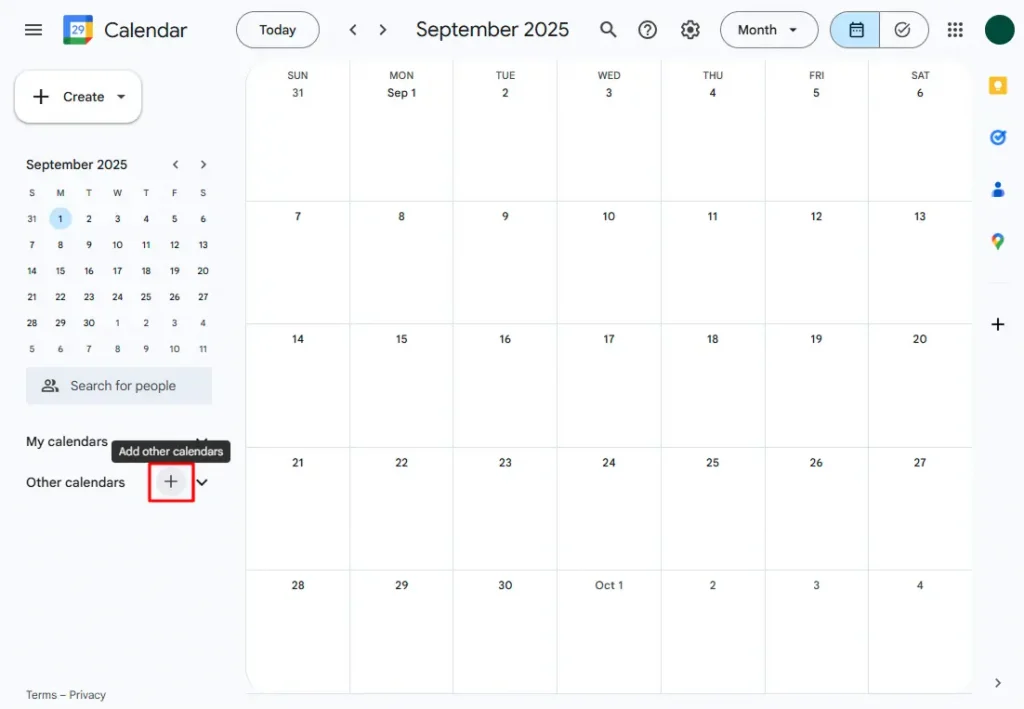 Click the “+” button under “Other calendars” in the side menu.