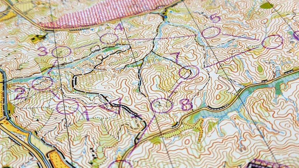 A close-up photograph of an orienteering map