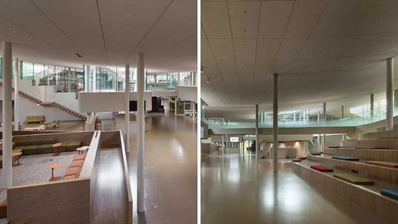 Two side-by-side photos of ComoNe's main floor at the basement level.