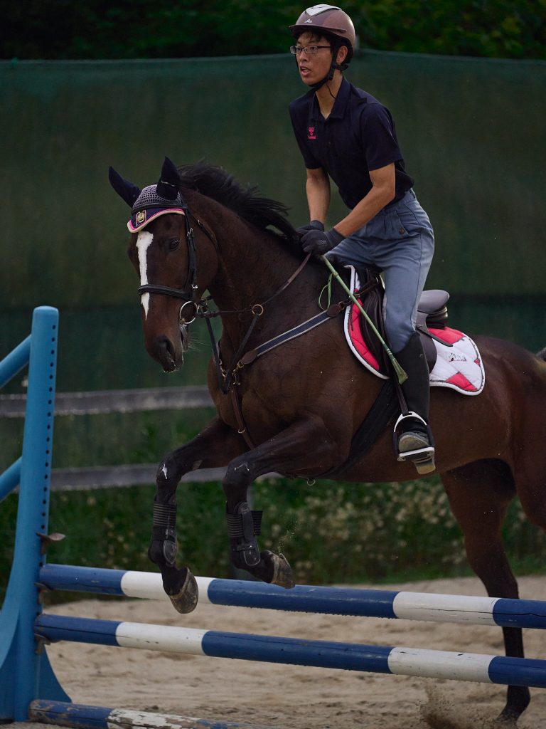 Student jumps a horse over the hurdle